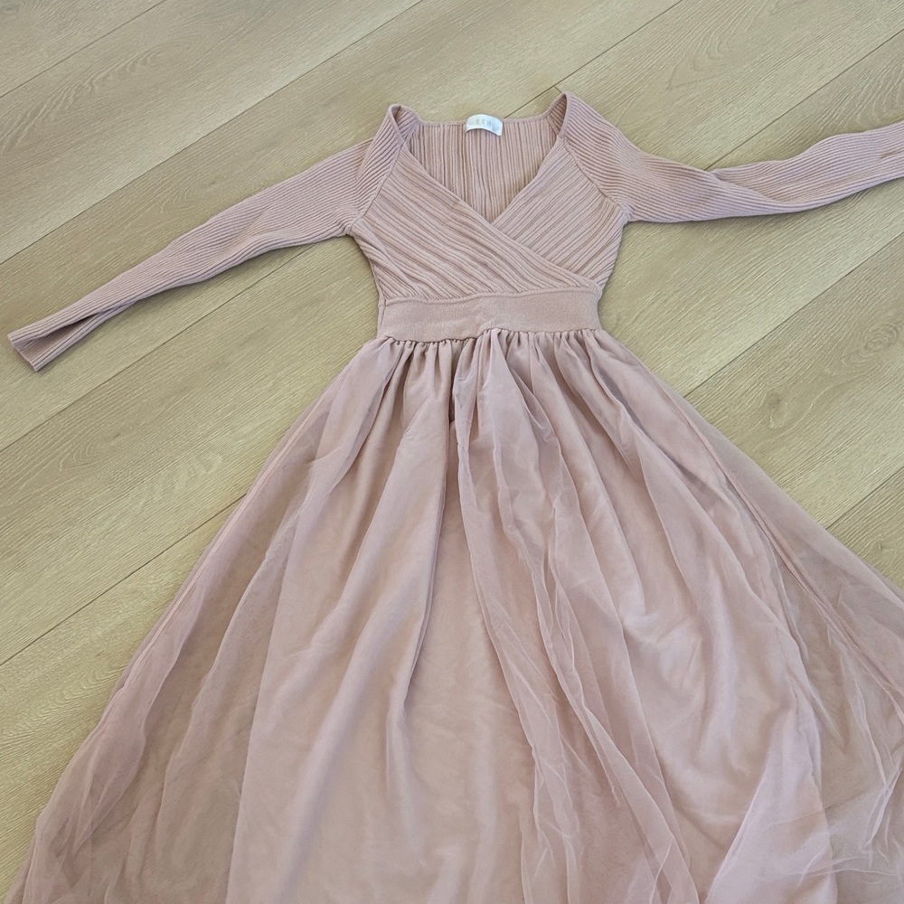 Blush Pink Long Sleeve Tulle Skirt Dress